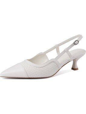 Women's White Kitten Heels Pointed Toe Comfortable Slingback Heels Dressy Pumps